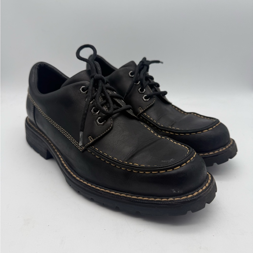 EUC Cole Haan Black Leather Oxford Dress Shoes NikeAir Soles Lug Moc Toe Sz 9.5